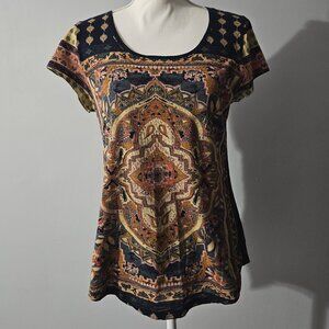 LUCKY BRAND navy TOP hi-low hem SHIRT short sleeve PATTERN